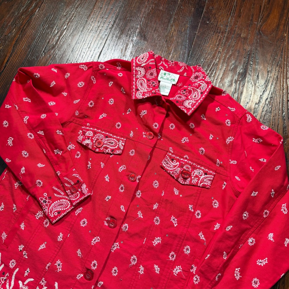 The Quacker Factory Bandana Jacket Womens L Red Paisley Beaded Button Up